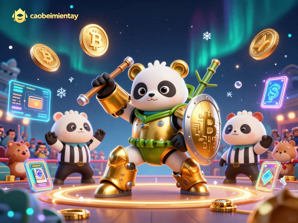 Engage with caoboimientay as the golden panda battles in a vibrant casino arena filled with crypto coins.