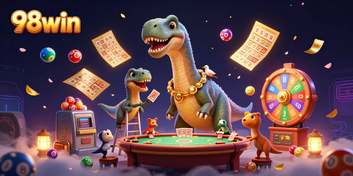 98win features a towering brontosaurus in a vibrant casino scene with dynamic lottery balls and rich game elements.