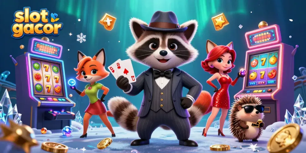 Gambarkan permainan slot gacor dengan rakun berjas dan ratu dalam gaun merah di kasino