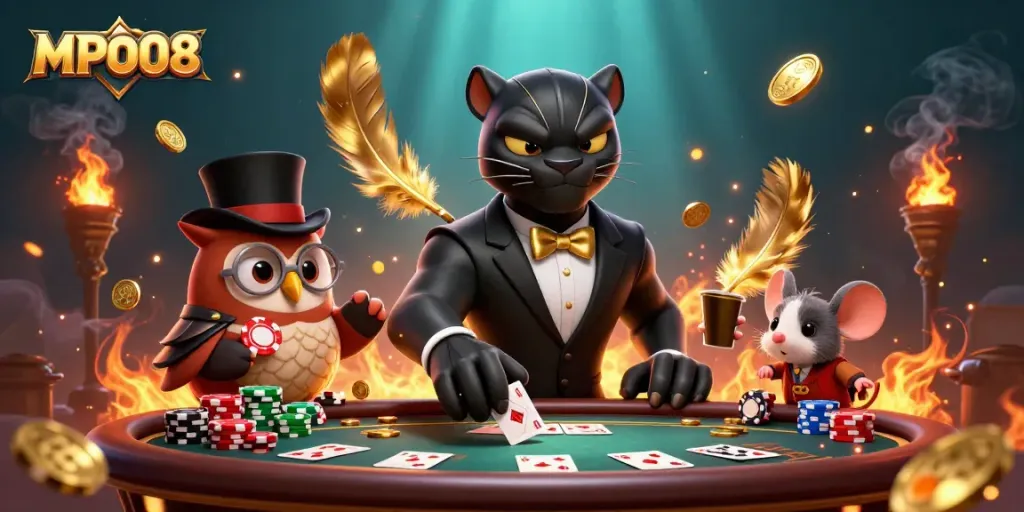 MPO08 showcases a lively poker scene with stylized characters engaged in gameplay, highlighting excitement and strategy.