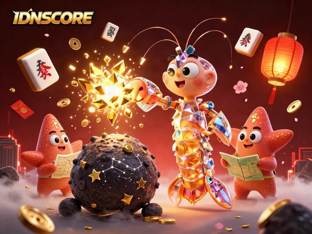 Experience the excitement at IDNSCORE with a vibrant 3D illustration showcasing a galactic mantis shrimp and treasure.