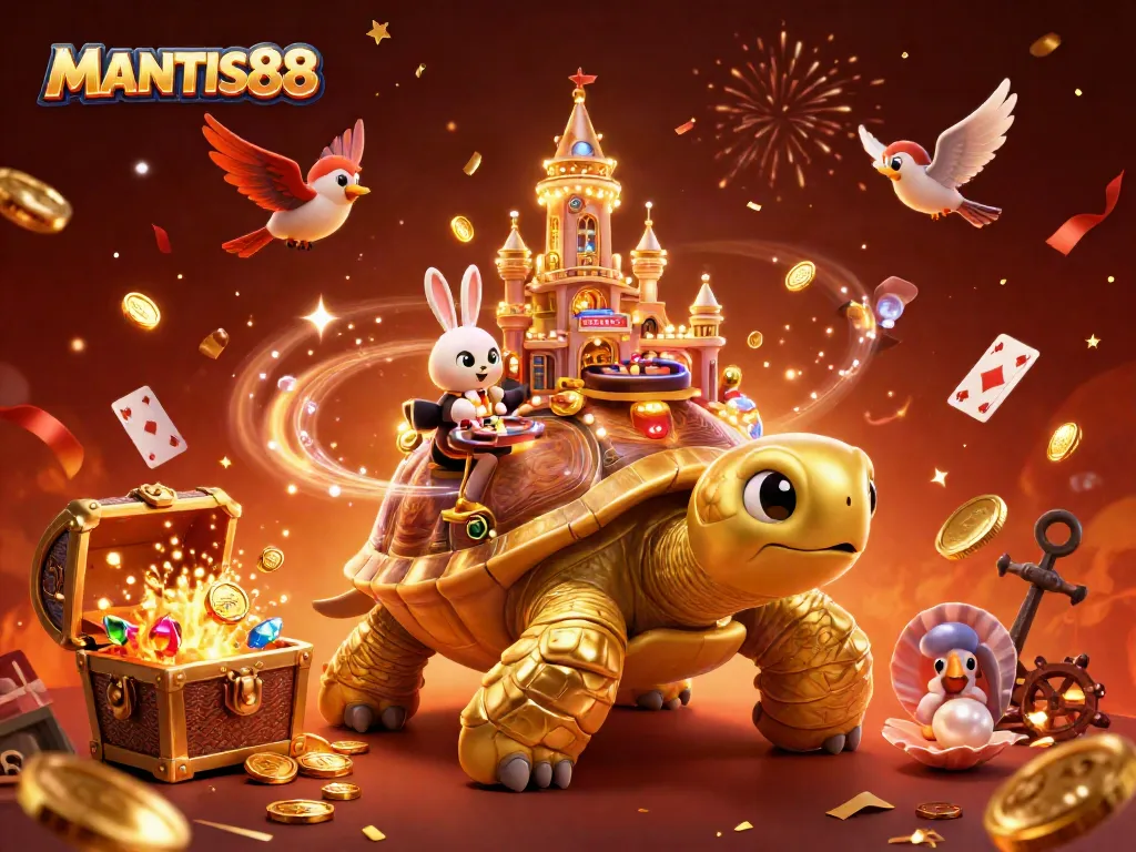 Experience thrilling luck at MANTIS88 with a vibrant 3D scene showcasing a whimsical casino adventure.