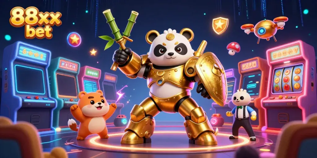 Experience thrilling action at 88xx bet with a golden panda in a mech-suit amid vibrant casino elements.