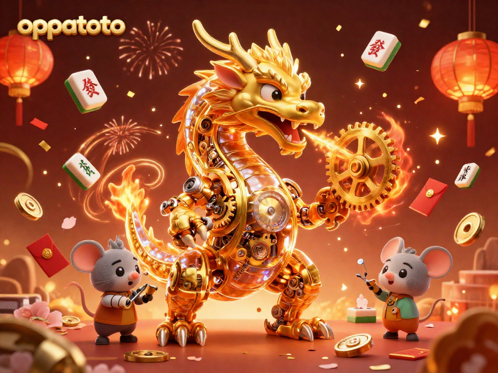 Experience the excitement of oppatoto with a dynamic 3D casino illustration showcasing a golden dragon and vibrant game elements.