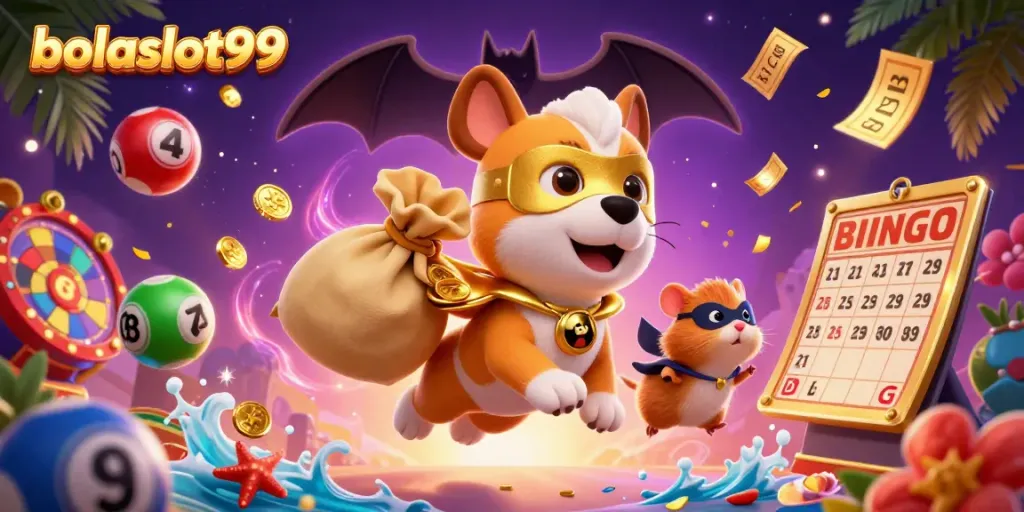 Bolaslot99 brings excitement with a superhero dog and hamster in a dynamic casino scene.