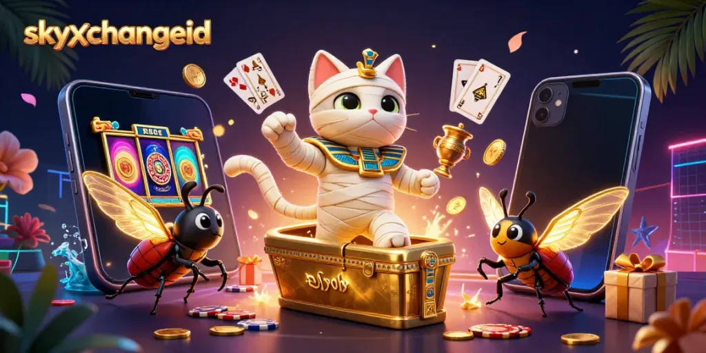 Experience the excitement of skyxchangeid with a vibrant 3D scene showcasing a mummy cat in a casino, surrounded by dynamic gaming elements.
