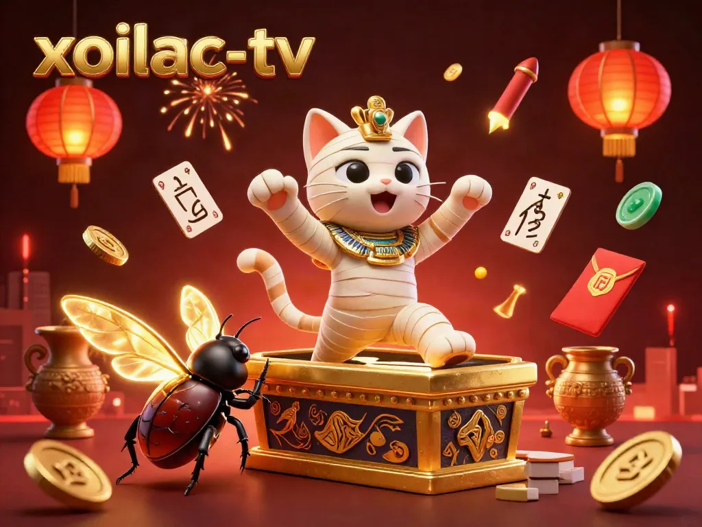 Exciting scene from the xoilac-tv casino with a mummy cat and glowing scarab amid vibrant gaming elements.