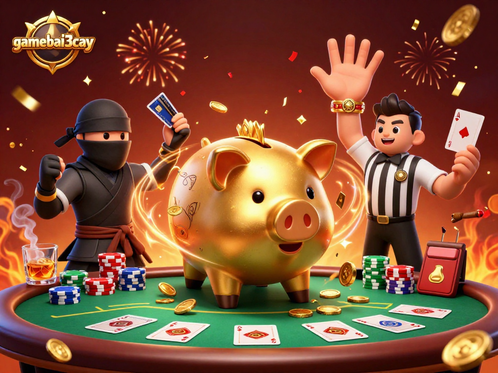 Engage with gamebai3cay as golden characters stomp amidst a lively poker scene filled with coins.