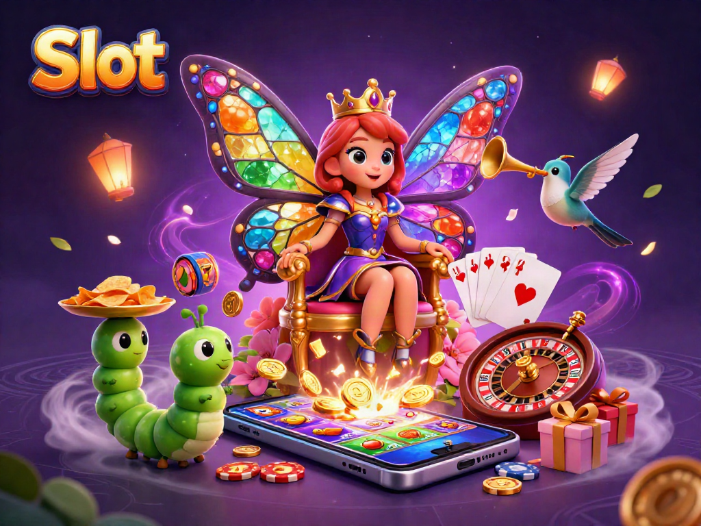 Engage with the Slot game's rich visuals featuring a butterfly queen, vibrant symbols, and golden coins.