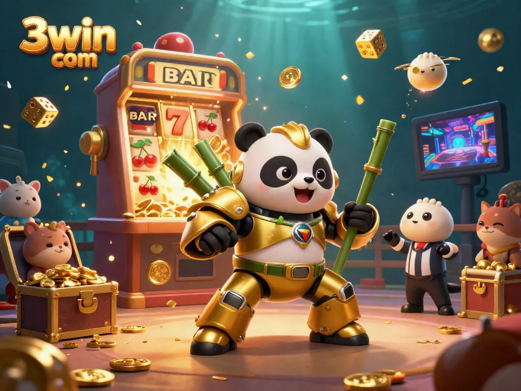 Engage with exciting jackpots at 3win com, a vibrant 3D casino scene featuring characters amidst flying coins and colorful game elements.