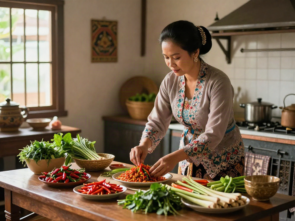 Engaging Nyonya 4D cultural scene featuring a woman preparing traditional food in vibrant attire.