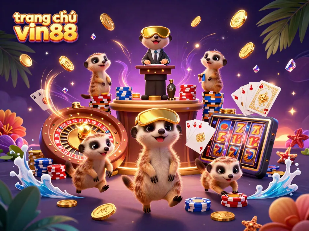 Experience gaming excitement at trang chủ vin88 with colorful meerkats managing a vibrant casino scene.