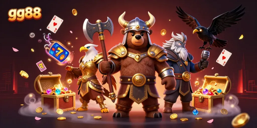 Engage in exciting gameplay at gg88 with a dynamic 3D scene featuring Viking characters and slot elements