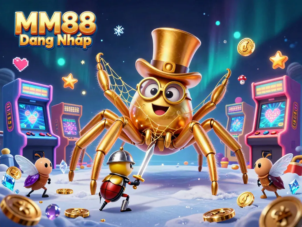 Experience MM88 Đăng Nhập while witnessing a golden tarantula and beetle knight in a vibrant casino scene.