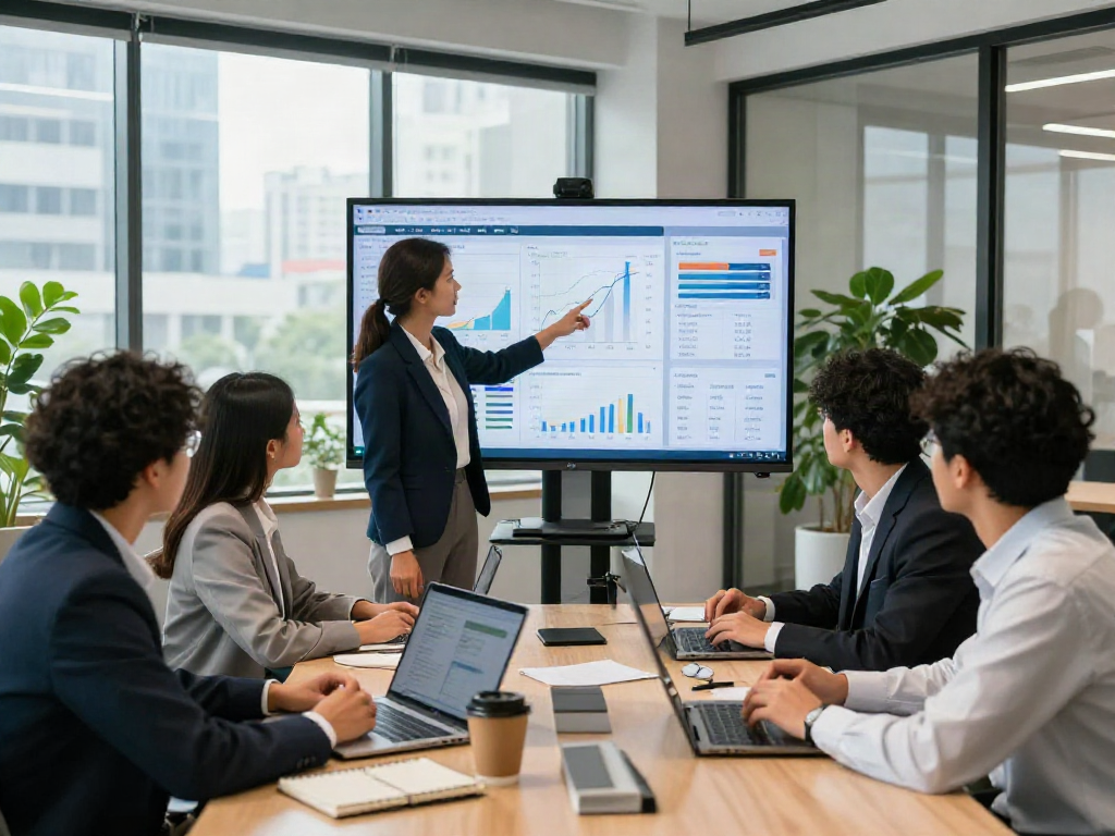 Team analyzing business growth metrics during a meeting, integrating slot qris for effective strategy.