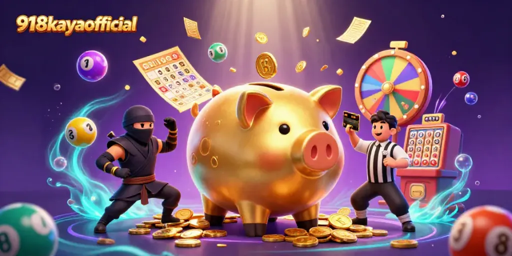 Winning at 918kayaofficial with a dynamic scene of a sumo wrestler, ninja, and samurai in vibrant casino action.