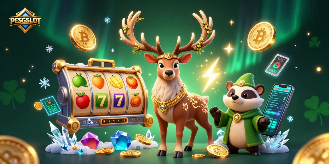 Experience PESGSLOT with vibrant slot reels and cartoon characters surrounded by enchanting elements.