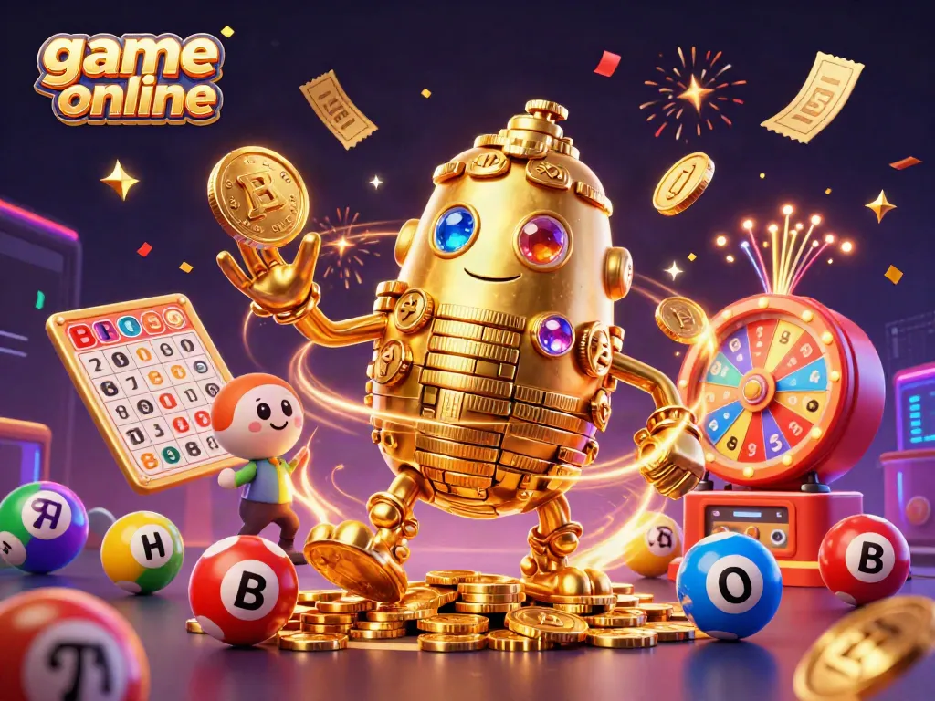 Engage with exciting game online experiences featuring a golden golem, colorful lottery balls, and festive casino elements.
