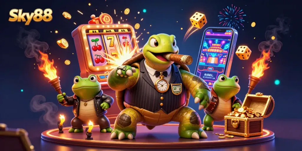 Experience thrilling wins with Sky88 in a vibrant casino scene featuring a turtle mobster and bullfrog enforcers.