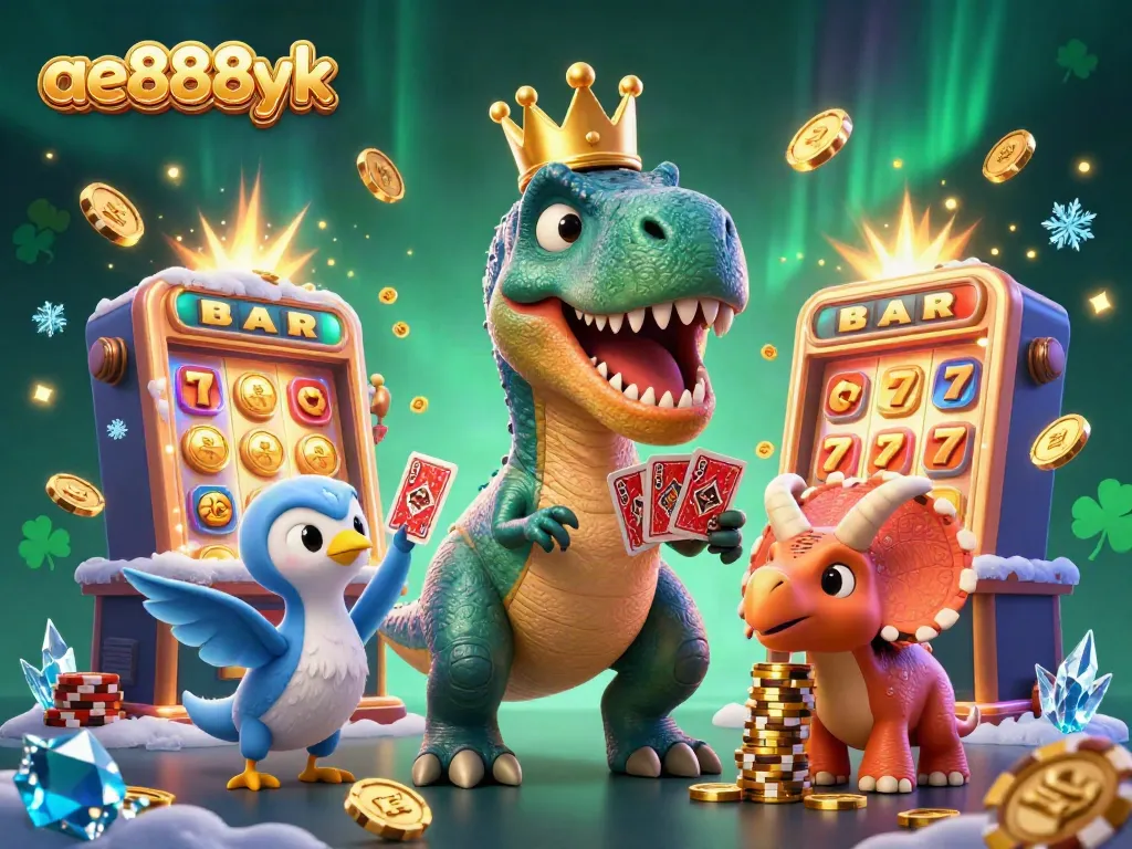 Engaging scene showcasing ae888yk casino T-Rex shuffling cards with a pterodactyl and triceratops stacking chips.