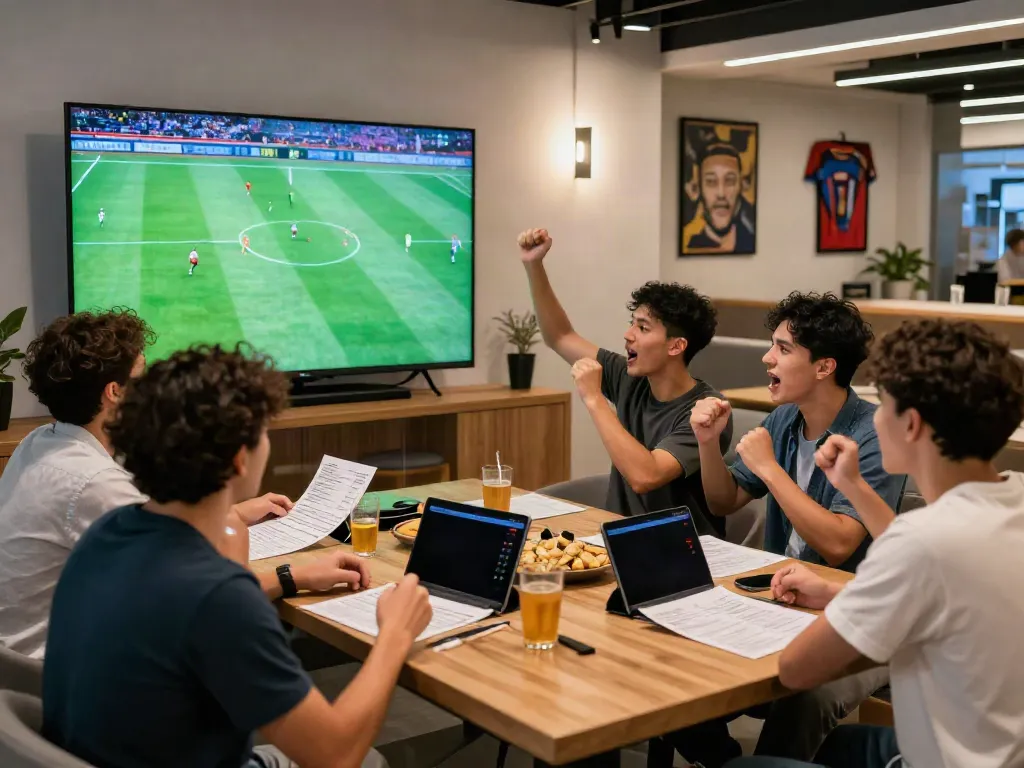 Exciting sports betting atmosphere at a modern lounge watching Ufa soccer match.
