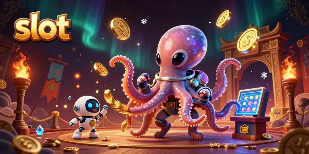 Otomat slot unik dengan alien dan robot euforia di atas meja kasino virtual.