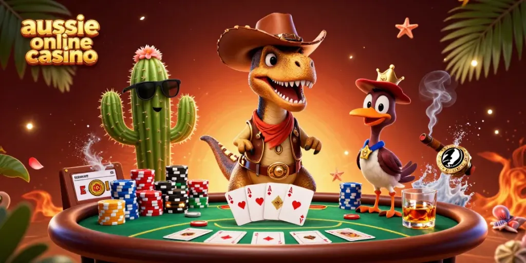 Play exciting games at the top aussie online casino featuring animated characters and poker elements.