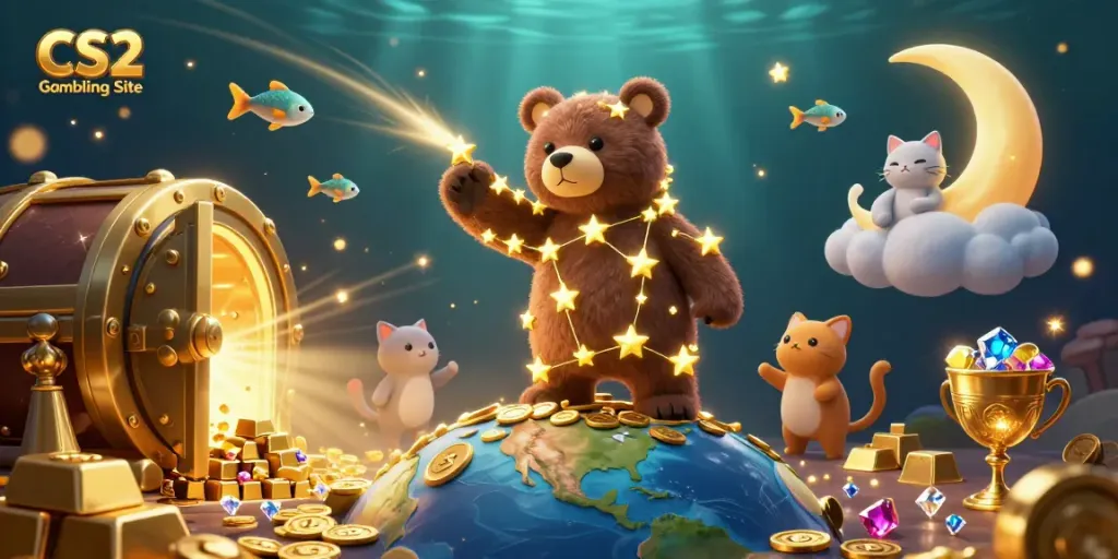 Engage with the vibrant CS2 Gambling Site, showcasing a constellation bear animatedly collecting coins amidst a shimmering casino backdrop.