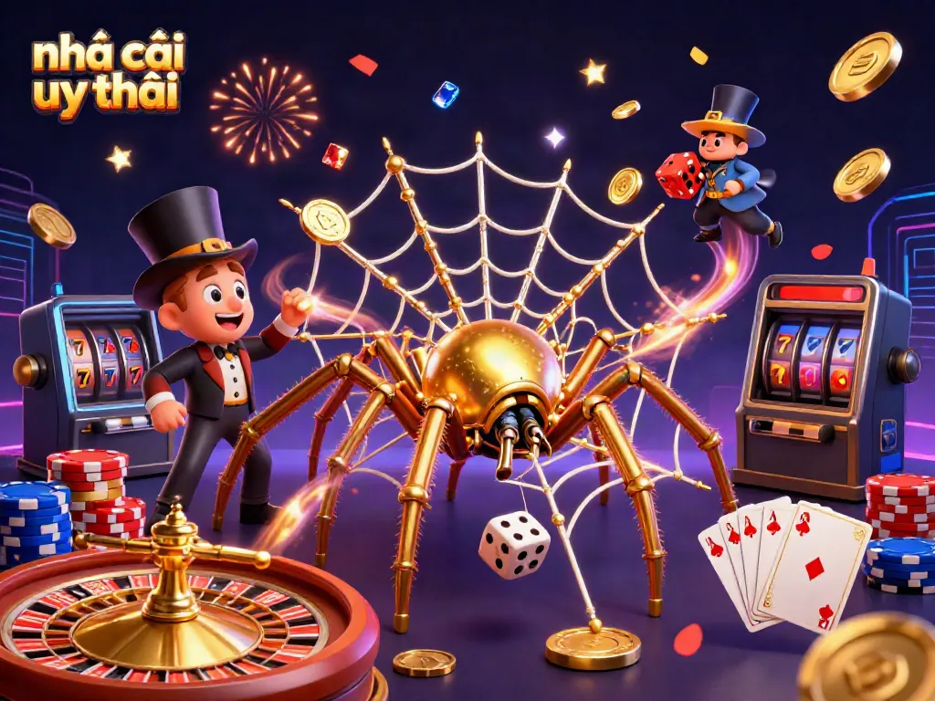 Engage with nhà cái uy tín through an intricate scene of casino excitement, featuring a steampunk spider.