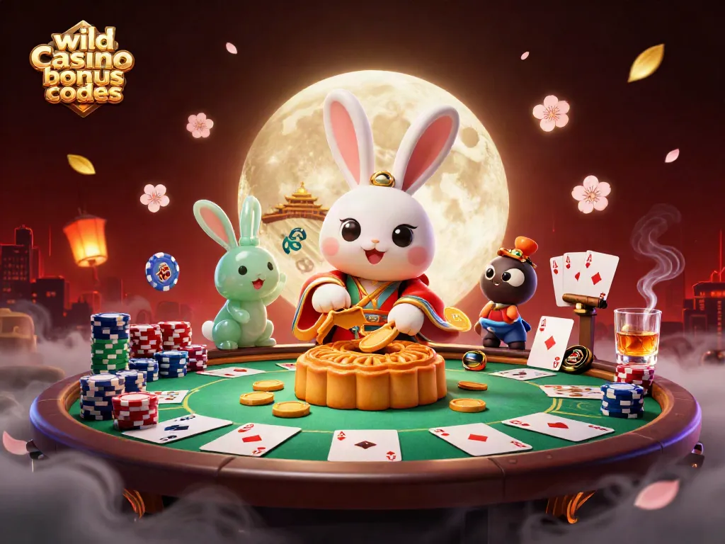 Play with wild casino bonus codes in a lively casino scene featuring poker elements and a vibrant atmosphere.