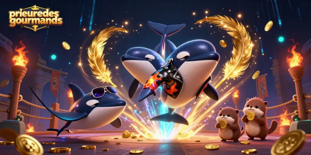 prieuredesgourmands features a dynamic 3D illustration of a whaley biker, stingray, and otters enjoying gambling fun