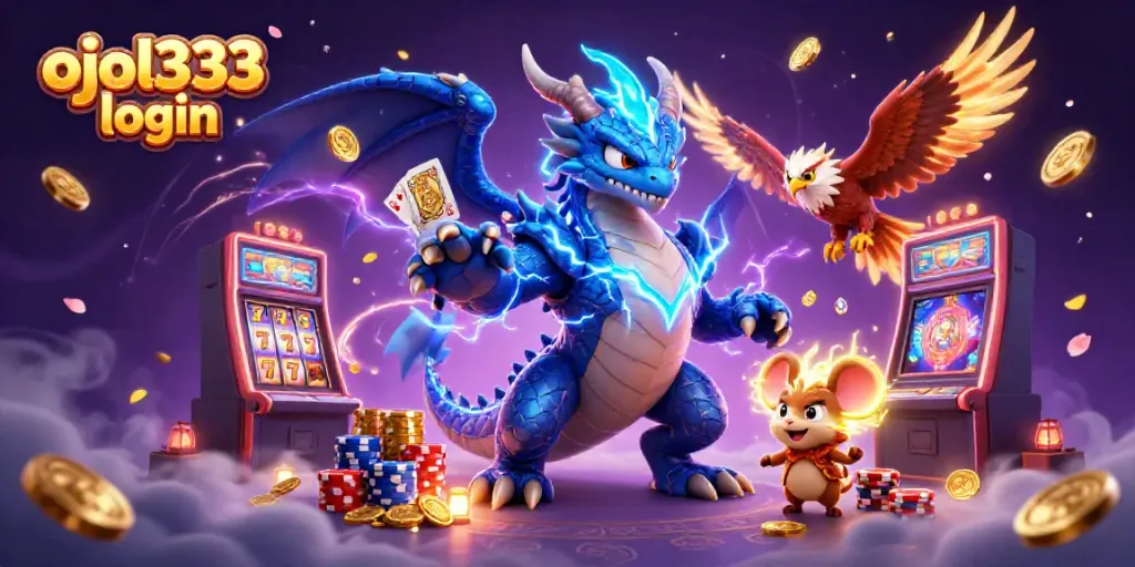 Engage your skills with Ojol333 login for online slots, featuring vibrant dragons and casino elements.