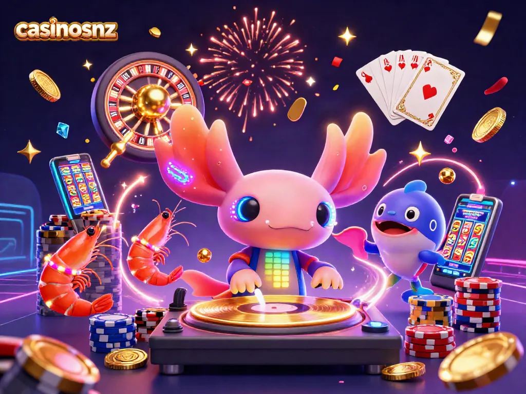 Experience the vibrant casinosnz scene with axolotl DJ and sparkling casino elements.