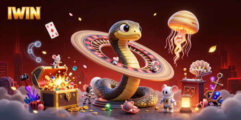 IWIN showcases a cosmic casino scene with characters betting in a vibrant, animated environment filled with treasure and game elements.