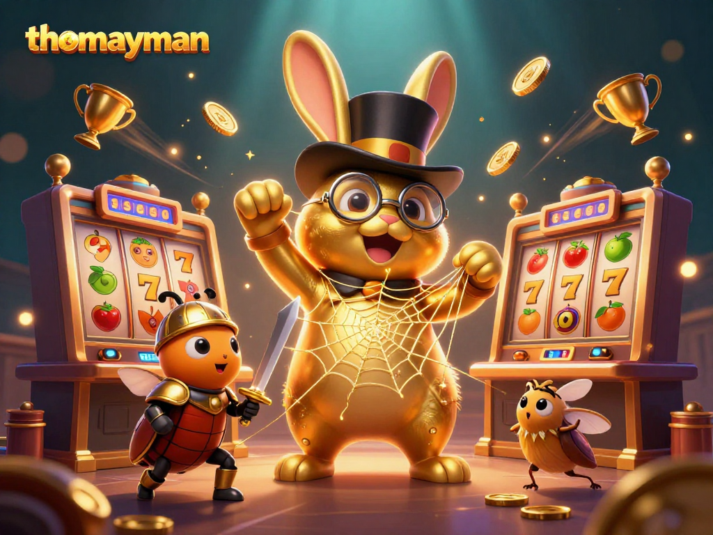 Experience the excitement of thomayman with vibrant casino elements and a golden rabbit character.