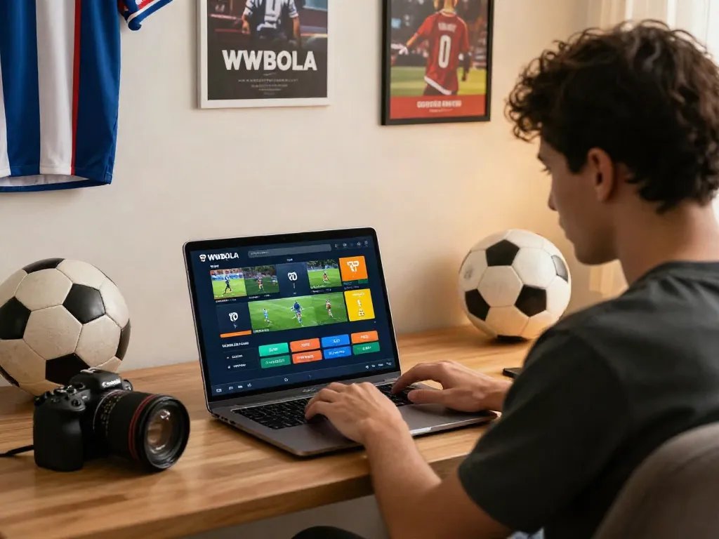 WWBOLA betting platform displayed on a laptop in a cozy sports-themed office.