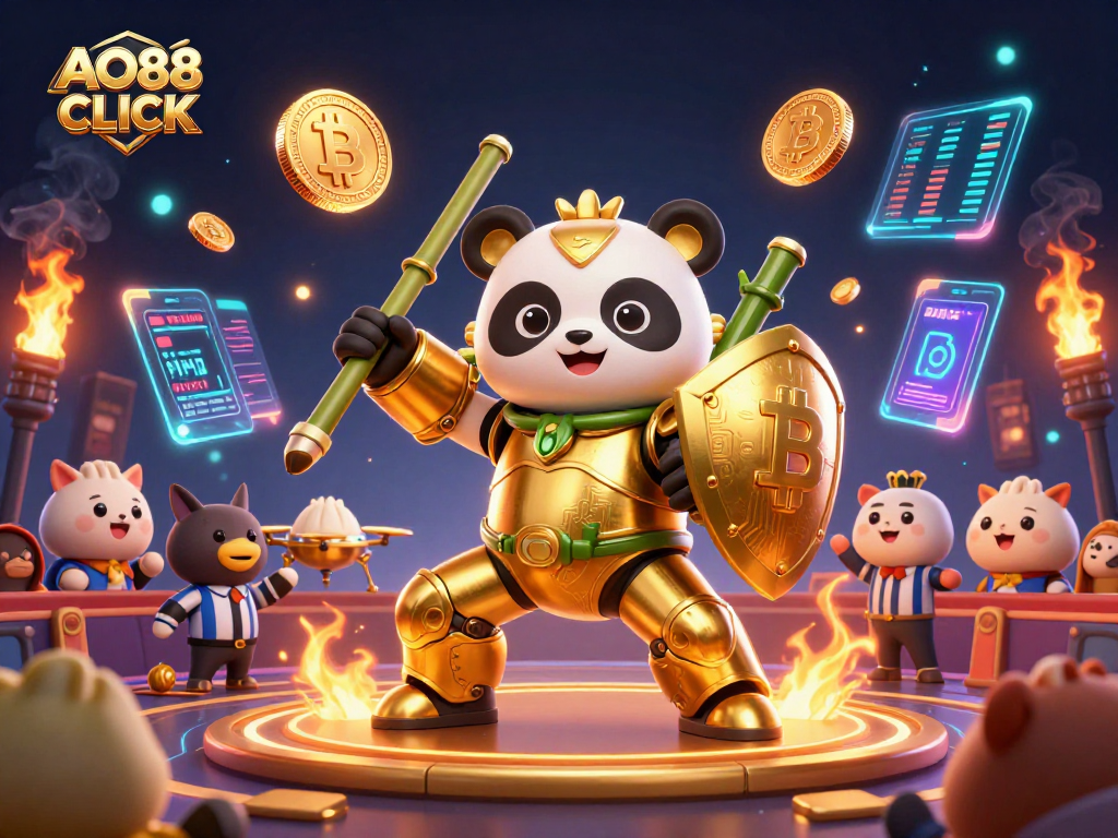 Engage in the thrilling world of AO88 CLICK as a golden panda battles in a vibrant casino arena.