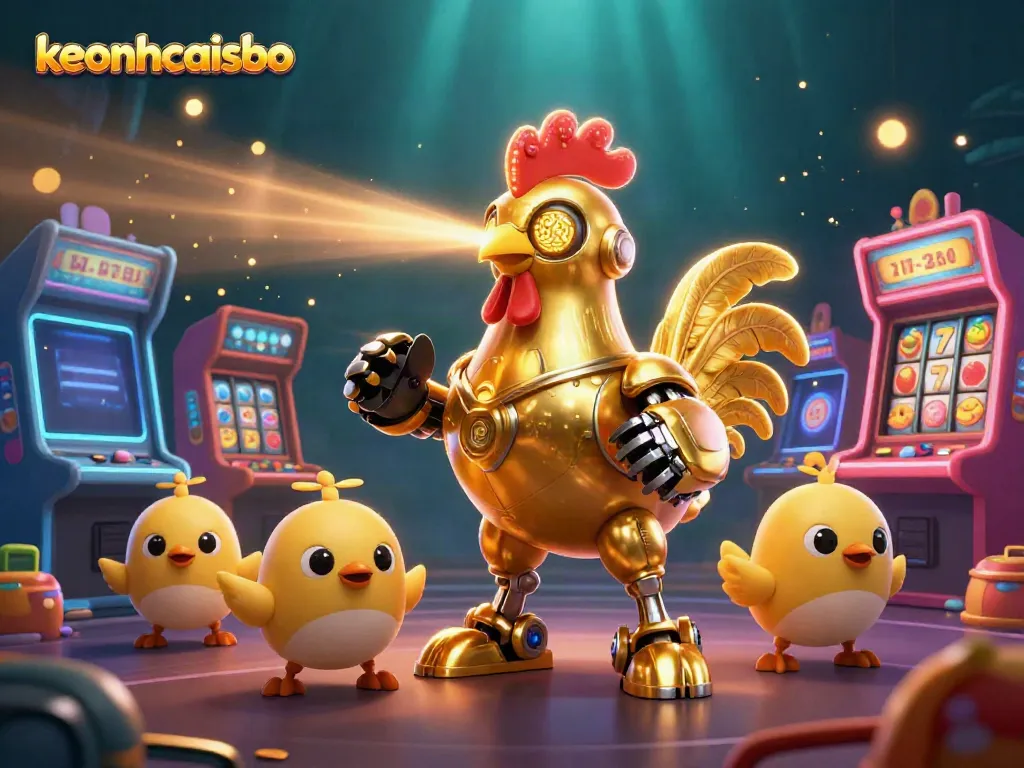 Engage with keonhacaisbo through vibrant casino-themed 3D illustration featuring a golden rooster robot.