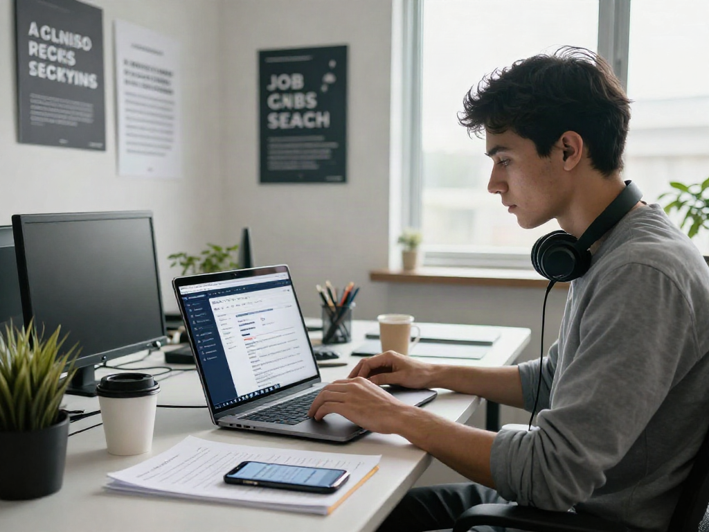 Dynamic job search scene with a young professional browsing หางาน listings on a laptop in a modern office.