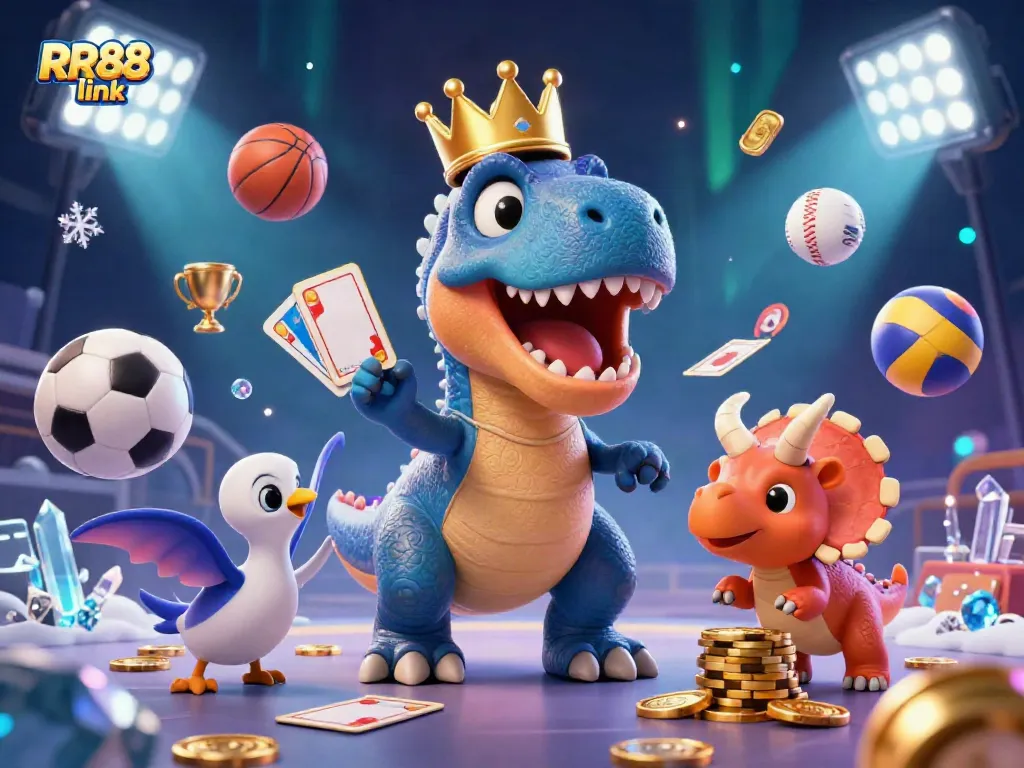 Experience the fun of RR88 link with a 3D cartoon scene featuring a T-Rex, pterodactyl, and triceratops in action.