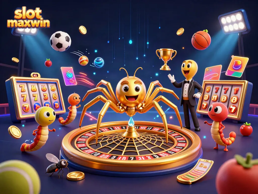 Engage with slot maxwin trends through a vivid 3D casino scene featuring a golden spider and playful elements.