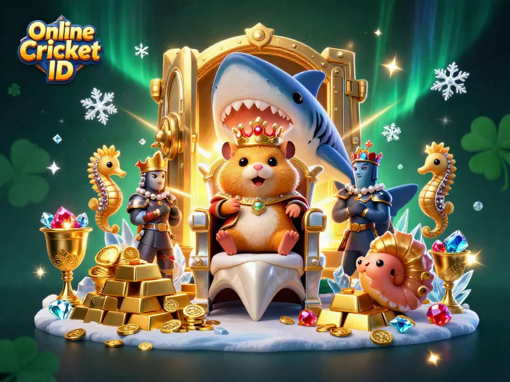Win big with a verified Online Cricket ID, featuring a hamster king and royal guards amidst treasures.