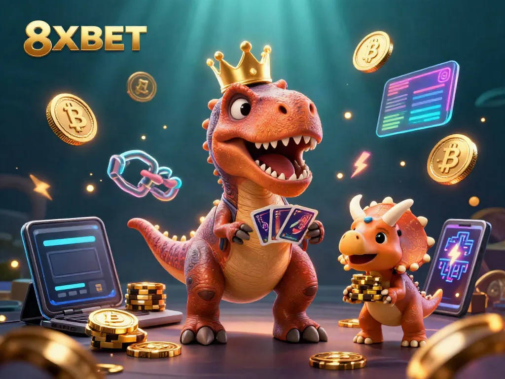 8XBET characters engaging in a vibrant casino scene, showcasing card games and stacking chips.