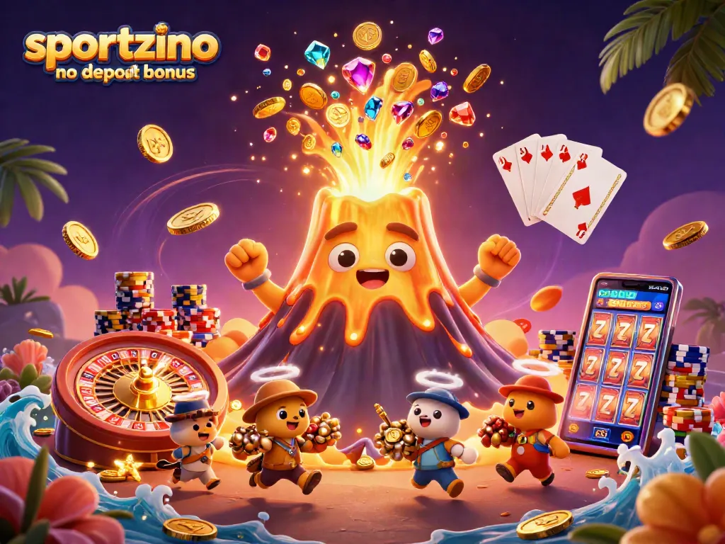 Claim your sportzino no deposit bonus with vibrant treasure eruption in a dynamic casino-themed scene.