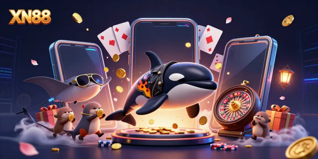 XN88 showcases a vibrant gaming scene with an orca whale, stingray, and sea otters enjoying casino fun