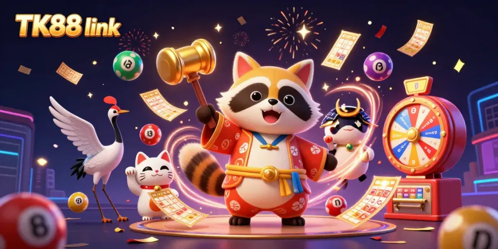 Bet on luck at TK88 link with vibrant illustrated characters creating a festive casino atmosphere.