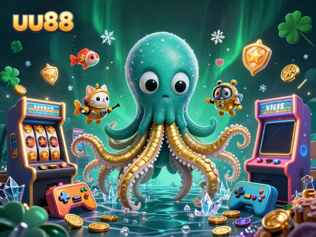 Experience the thrilling world of uu88 with a vibrant 3D casino-themed illustration featuring mythical creatures and arcade elements.