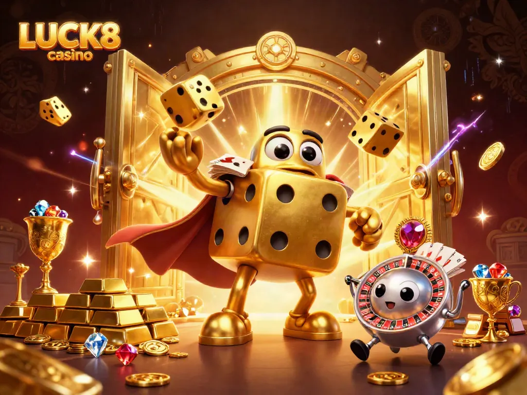 Experience the excitement of LUCK8 casino with golden dice juggling and treasure bursting from a vault.