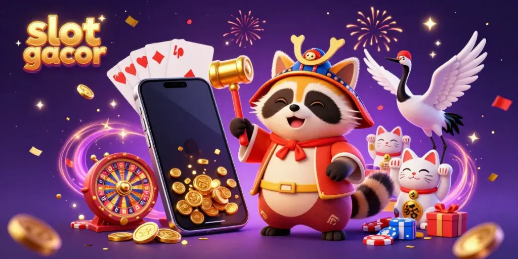 Engaging representation of slot gacor with cheerful tanuki, crane, and fortune cats amidst vibrant casino elements.