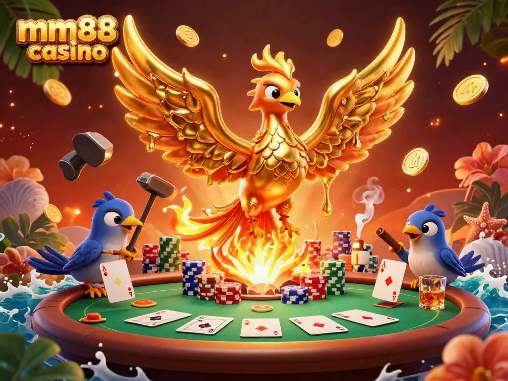 Experience the thrill of MM88 casino with a golden phoenix and dynamic poker scene.